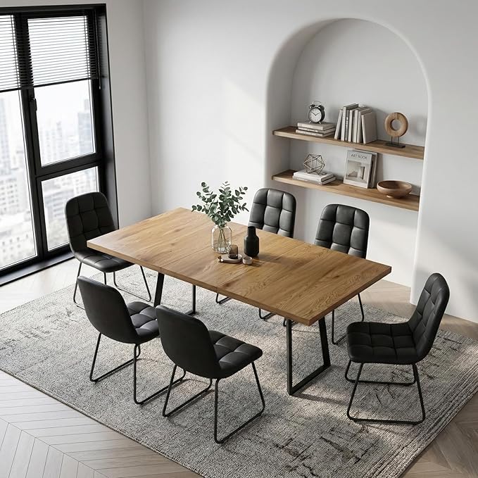 ZckyCine Extendable Dining Table Set for 6, 47" to 63" Expandable Kitchen Table with 6 Upholstered Chairs, Modern Rectangular Wood Dining Room Table Set with Metal Legs for Kitchen Apartment