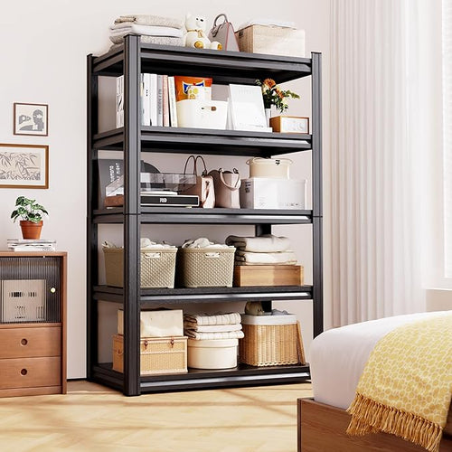 4 Pack Heavy Duty 5-Tier Garage Shelving Unit (2500 LBS Capacity)–71.2"H x 35"W x 16"D Adjustable Metal Storage Rack, Industrial Steel Utility Shelves for Garage, Pantry, Warehouse, and Basement Black