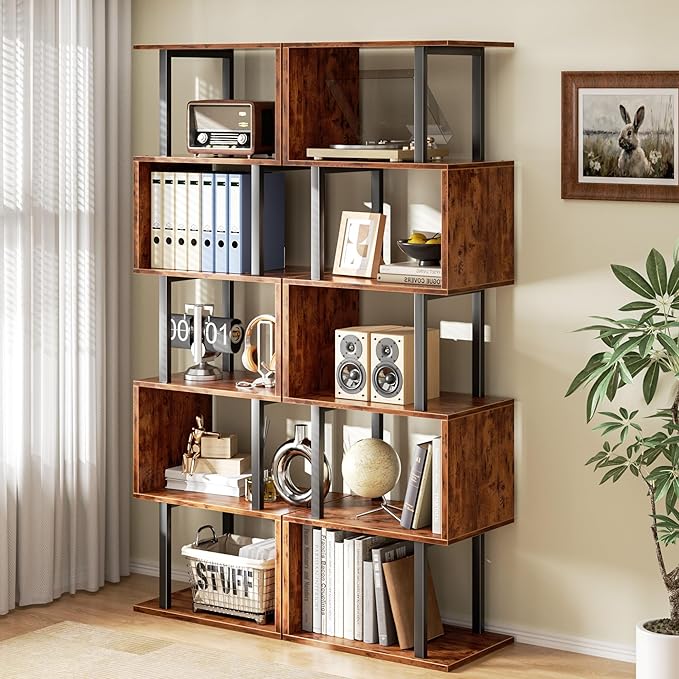 Furologee 6 Tier Bookshelf, Tall S Shaped Geometric Bookcase, Modern Display Shelf Standing Unit, Wood Metal Decorative Divider Rack for Living Room Bedroom Office, Rustic Brown | Tall, Bookcase, Display, Book Shelf, Decorative, Bookshelves