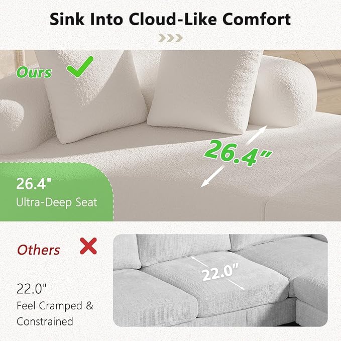 106.7" Modern Curved Oversized Sectional Sofa, Minimalist Modular Cloud Couch with 4 Throw Pillows, Luxury 4-Seater Extra Deep & Wide Seat Sofa in Soft Teddy Fabric, Cream White