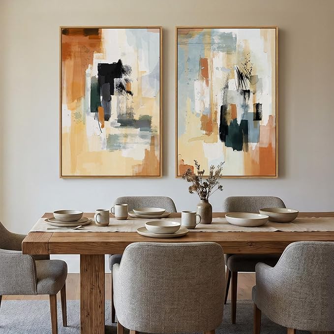 Large Framed Neutral Abstract Wall Art, Set of 2 Modern Canvas Prints Paintings Artwork for Walls, Minimalist Colorful Pictures for Living Room Bedroom Dining Room Hallway Lounge Wall Decor 24x36 In