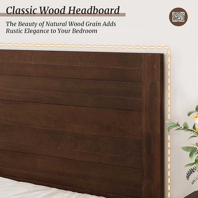 Cozyman Queen Bed Frame with Headboard, 100% Solid Acacia Wood Platform, 800lb Heavy Duty Support with 10 Reinforced Legs, Noise-Free No Box Spring Needed, Low-Profile Design, Walnut