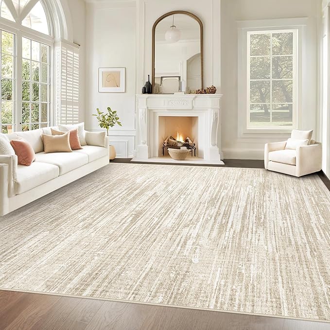 Living Room Rugs 9x12: Washable Moroccan Geometric Boho Rug Farmhouse Non Slip Stain Resistant Large Rug Low Pile Soft Carpet for Bedroom Dining Room Children Room (Camel,9'x12')