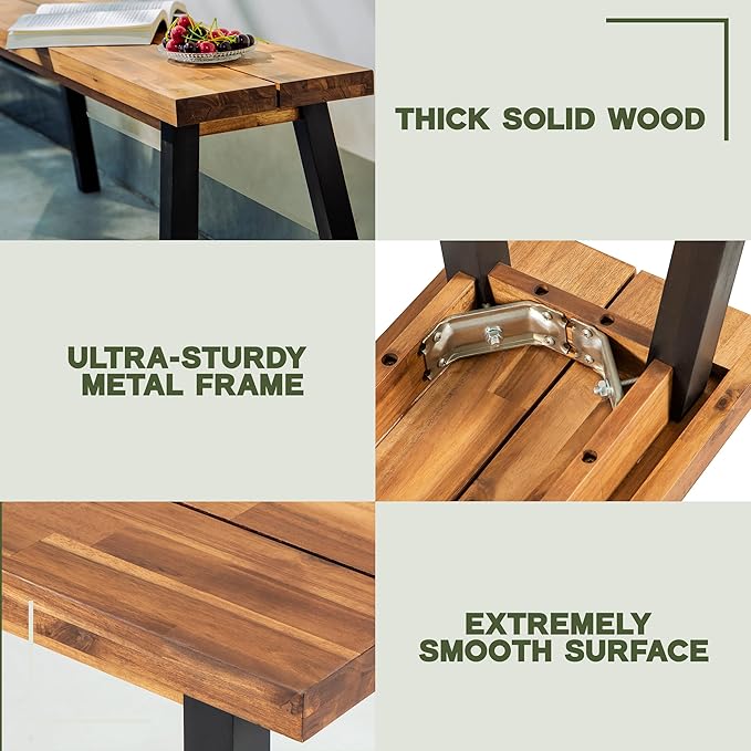VICTORY RELAX Solid Wood Bench - Minimalist Design, Acacia Wood Construction, Natural top-Black Leg Color, Versatile for Entryway,Living Room,Bedroom & Outdoors,Easy Assembly & Weather-Resistant
