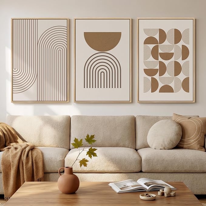 Large Framed Abstract Neutral Boho Wall Art for Living Room, 3 Piece Beige Mid Century Modern Canvas Artwork for Walls, Bauhaus Geometric Prints for Bedroom Office Dining Room Wall Decor, 24x36 Inch