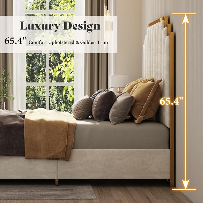 AMERLIFE King Size Upholstered Bed, Modern Velvet Bed Frame with 65.4” Tall Gold Trim Headboard, No Box Spring Needed, Cream