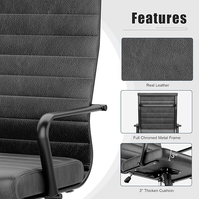 Okeysen Genuine Leather Office Chair, Mid-Century Modern Real Leather Conference Room Chairs, Ergonomic Executive Ribbed Height Adjustable Swivel Rolling Desk Chair for Home Office.