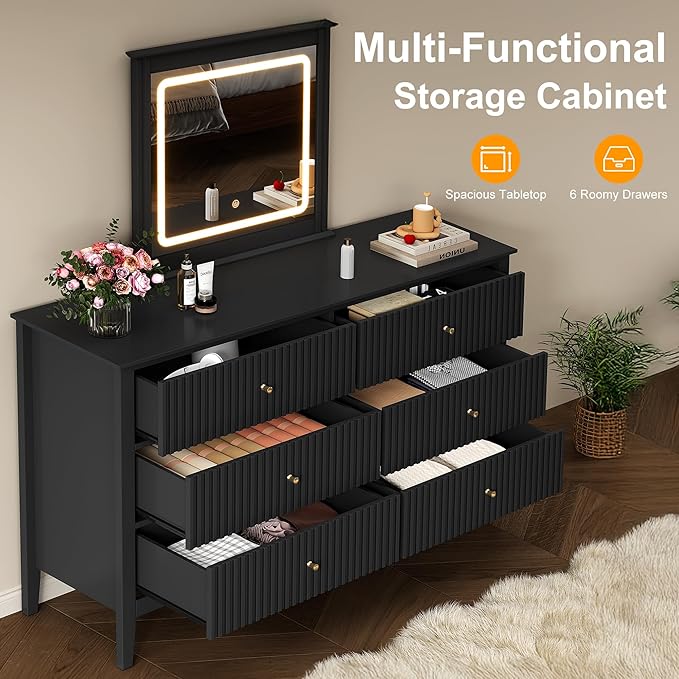 RoyalCraft Black Vanity Desk with Lighted Mirror, Fluted Makeup Vanity Table with 3 Lighting Modes, Modern Wood Dressing Table with 6 Drawers for Bedroom