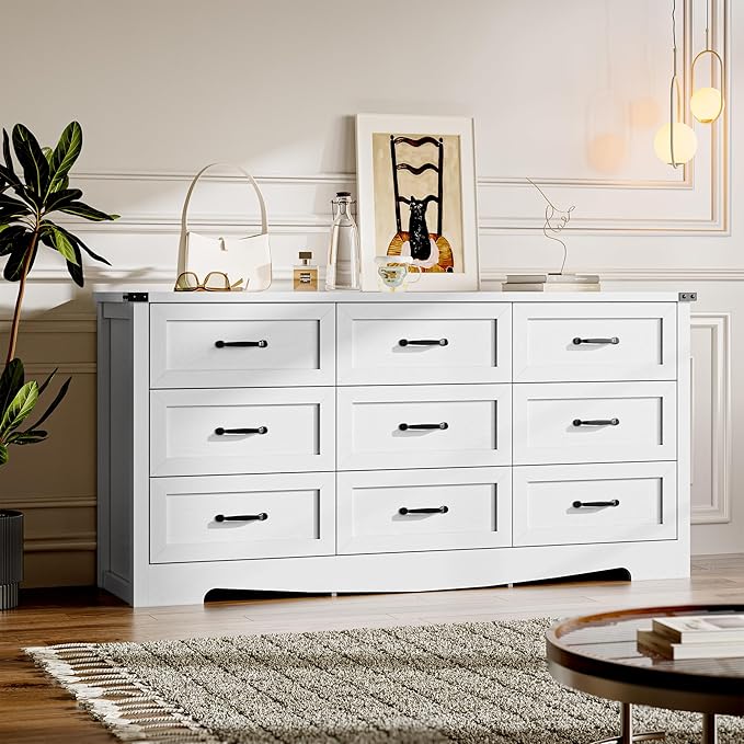 BORNOON 9-Drawer Dresser for Bedroom, Modern Wooden Chest of Drawers with Metal Handles, Anti-Tipping Design, Sturdy and Stable Storage Organizer for Living Room, Entryway, Home Office