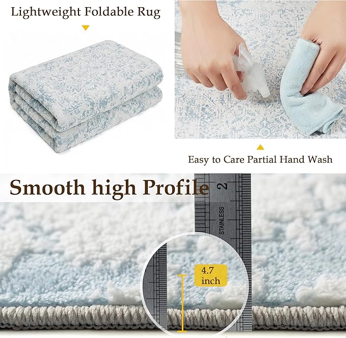 8x10 Fluffy Area Rug Blue Shag Neutral Carpet for Living Room Soft Medium Pile Floral Large Rug for Bedroom Dorm Office Dining Room Kitchen Nursery Modern Decor