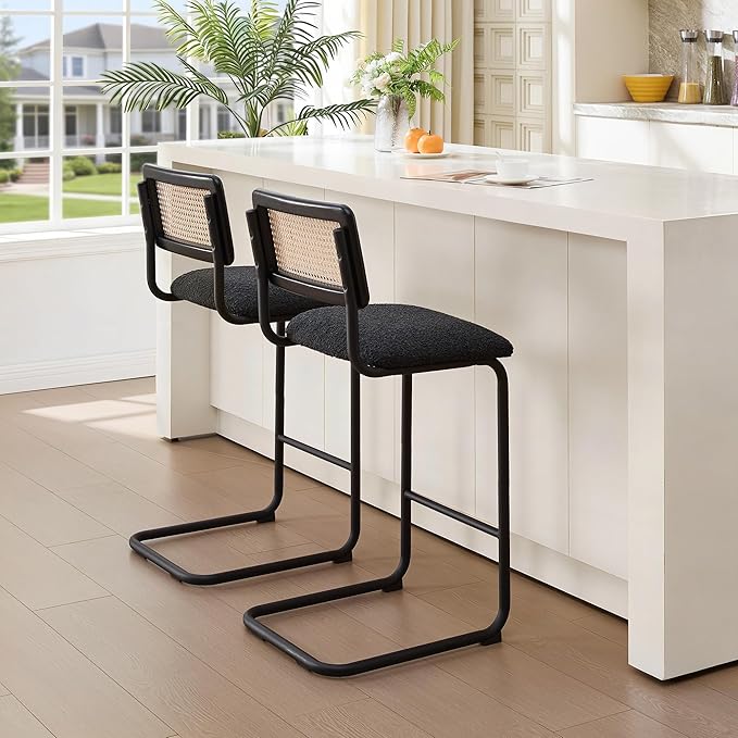 Zesthouse Rattan Bar Stools Set of 4, 30'' Upholstered Boucle Fabric Barstools with Wooden Back & Natural Cane Mesh, Mid Century Modern Bar Height Chairs with Chrome Base for Kitchen, Black Barstools