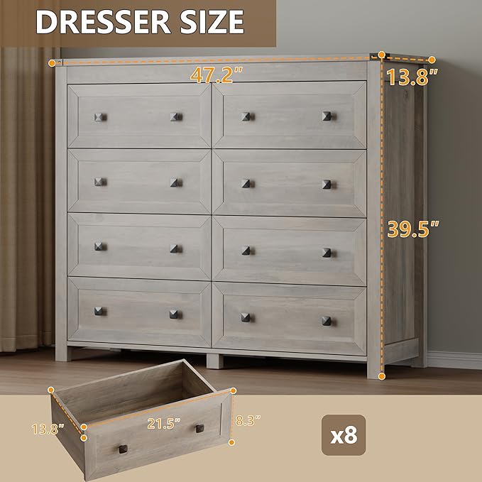 BORNOON Tall 8-Drawer Dresser, Modern Wooden Storage Chest of Drawers, Dresser TV Stand, Wood Drawer Organizer with Metal Handles for Bedroom, Living Room, Hallway