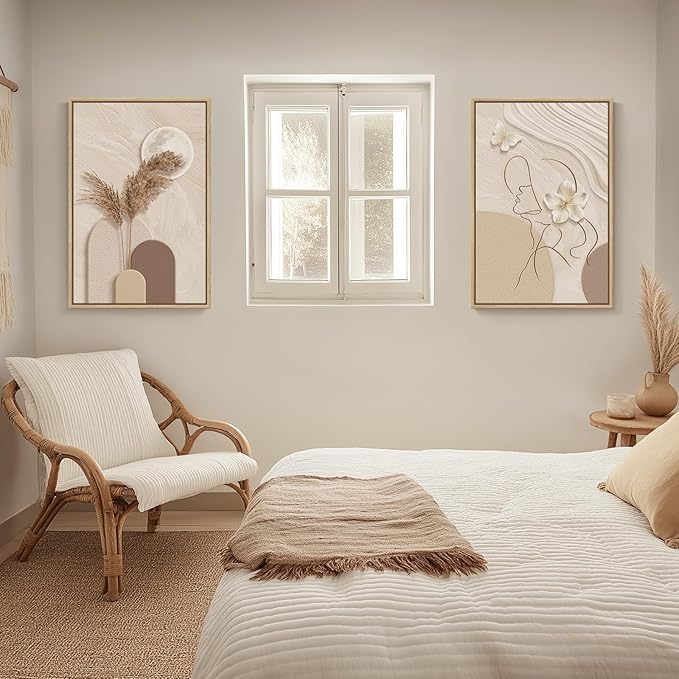 Large Framed Neutral Abstract Wall Art for Living Room, 2 Piece Tan and Cream Beige Canvas Prints Paintings Artwork for Walls, Woman Silhouette Big Pictures for Bedroom Dining Room Office Wall Decor