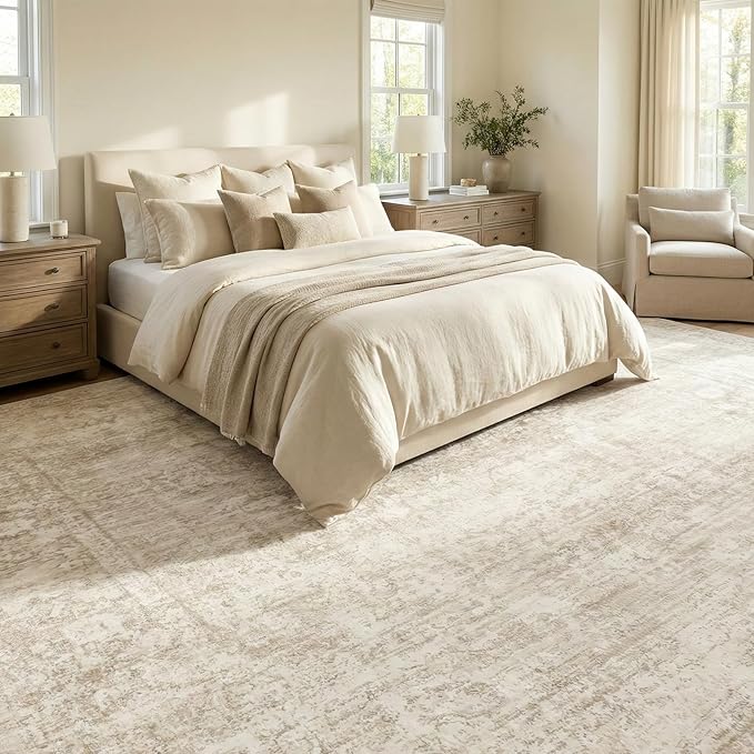 Homemate Washable Rug 10x12 Area Rugs - Vintage Faux Wool Rugs for Living Room Bedroom Dining Room - Non Slip Foldable Carpet Indoor Area Rug for Home Decor（10'x12', Beige