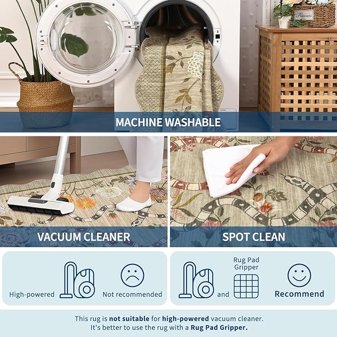 Garvee 10x13 Area Rugs for Living Room Non Slip Botanical Snake Rugs for Bedroom, Boho Scalloped Indoor Stain-Resistant Dining Room Rug for Under Table Carpet for Home Office Playroom Farmhouse,Brown