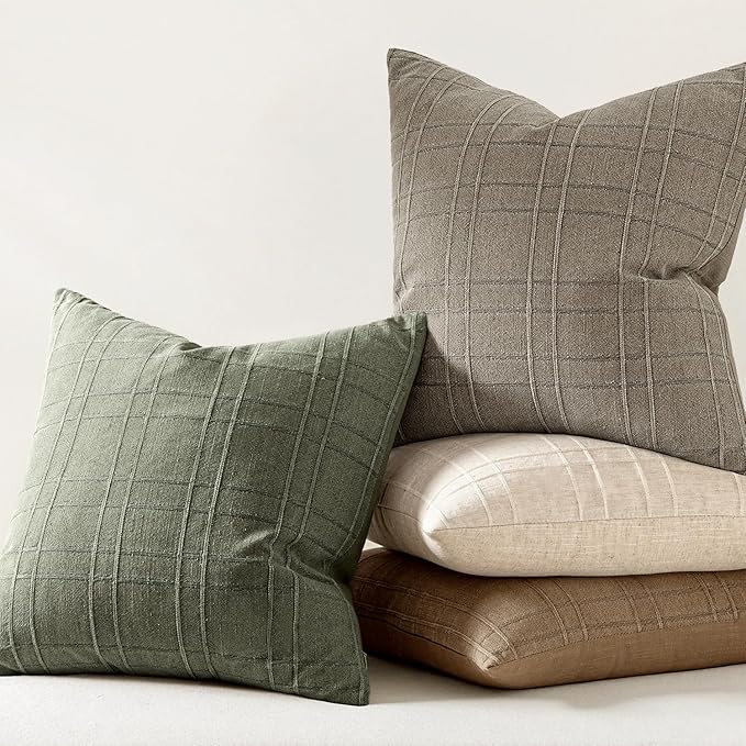 MIULEE Decorative Linen Check Euro Shams Throw Pillow Covers Neutral Farmhouse Vintage Spring Pillow Covers 24x24 Set of 2 Boho Modern Home Decor for Sofa Couch Bedroom Cushion Olive Green
