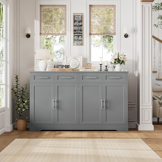 HOSTACK 60" Large Buffet Sideboard with Storage, 36" Tall Kitchen Buffet Storage Cabinet with 4 Drawers, Modern Coffee Bar Cabinet with Silver Handles, Long Sideboard Buffet Table for Kichen, Grey