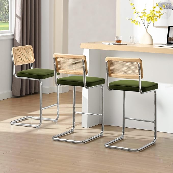 Zesthouse Natural Rattan Counter Stools Set of 4, Olive Green Modern Bar Stools with Solid Wood Back & Chrome Base, 26" Velvet Counter Height Barstools, Mid Century Cesca High Chair for Kitchen Island