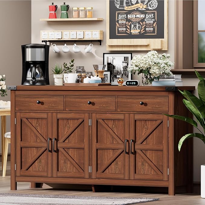 VVFLU 63" Sideboard Buffet Cabinet with Storage, Coffee Bar with 3 Drawers and 4 Barn Doors, Long Wider Storage Cabinet Modern Farmhouse, Cherry Wood, for Kitchen, Dining Room, Living Room