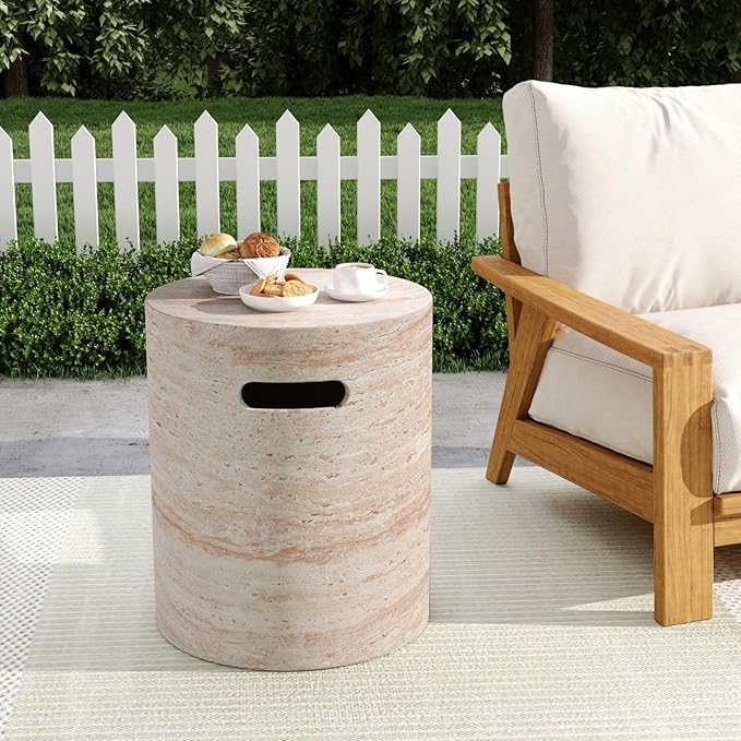 KEVINSPACE Small Side Coffee Table Outdoor MGO Round End Living Room Accent Sofa Bedside Couch Table with Cutout Handle Bedroom Apartment Indoor 15.5" W x18.5 H Beige Concrete