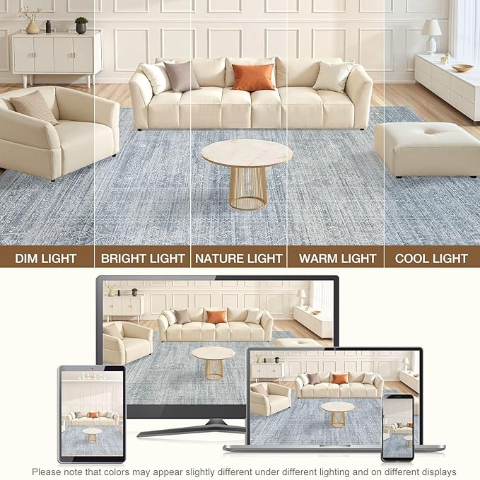 6x9 Area Rugs Living Room: Washable Large Vintage Blue Rug Neutral Non-Slip Soft Stain Resistant Indoor Carpet for Bedroom Nursery Dining Room Under Table Bed Home House Office Playroom