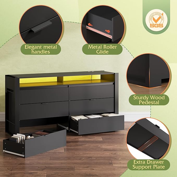 WLIVE 78 Inch LED Dresser for Bedroom, Black Dresser with Charging Station, Large Chest of Drawers Expandable with Flexible Shelves and Hanging Rack, Wood Dressers for Closet, Living Room (85" TV)
