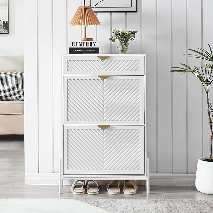 Shoe Cabinet Storage with 2 Flip Drawers, Narrow Hidden Shoes Organizer Cabinet for Entryway, Freestanding Slim Shoe Rack Front Door Entrance(White)