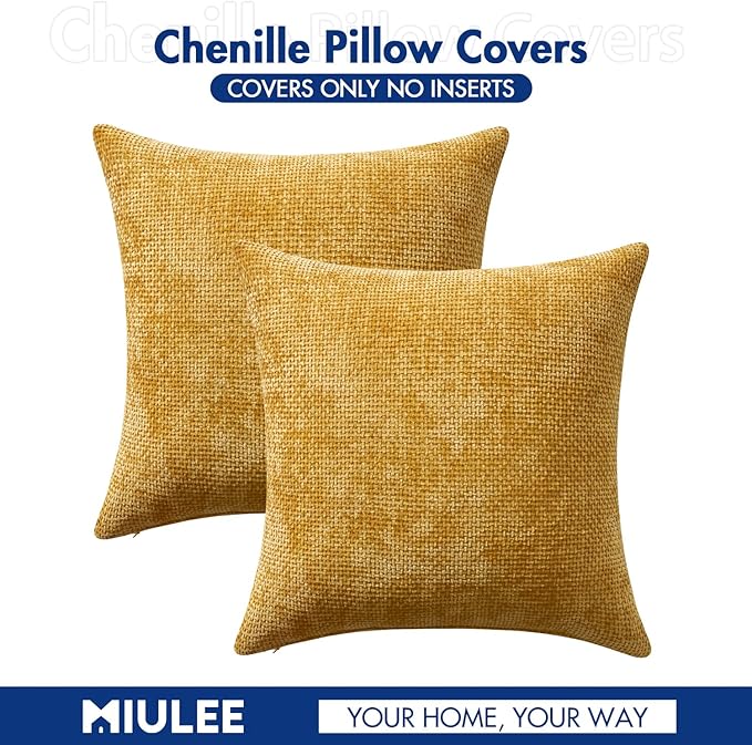 MIULEE Pack of 2 Gold Throw Pillow Covers 22x22 Inch Mustard Yellow Summer Modern Boho Accent Decorative Pillow Covers Soft Chenille Farmhouse Cushion Covers for Home Decor Couch Bed Sofa Living Room