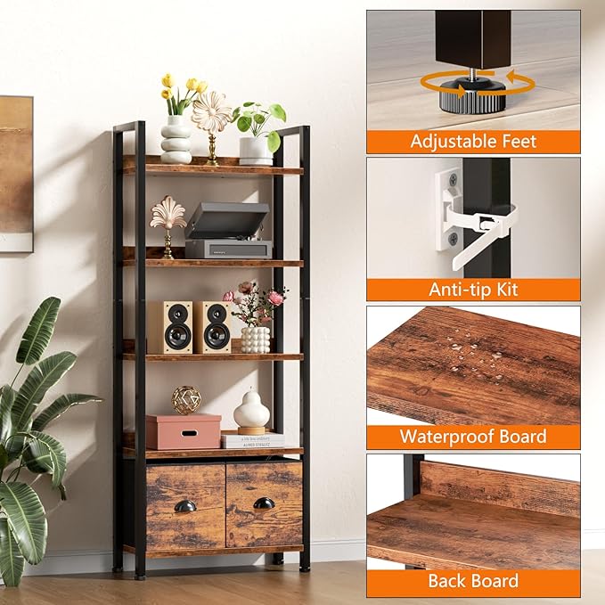 Furologee 5-Tier Bookshelf, Tall Bookcase with 2 Storage Drawers, Industrial Standing Storage Shelf, Wood Metal Display Rack for Living Room Bedroom Home Office, Rustic Brown