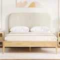 KISLOT Wood Bed Frame with USB & Type-C Charging, Boucle Platform Bed with Upholstered Headboard Mattress Foundation No Box Spring Needed Easy Assembly