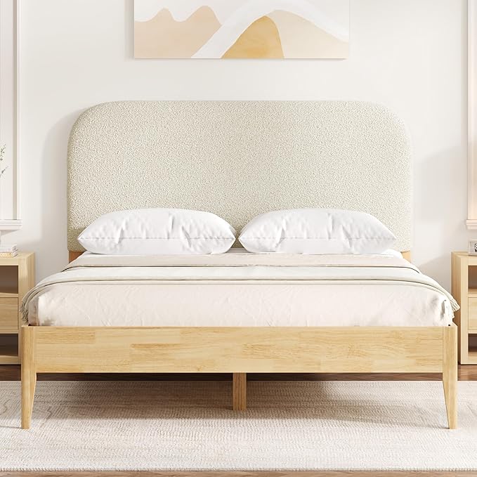 KISLOT Wood Bed Frame with USB & Type-C Charging, Boucle Platform Bed with Upholstered Headboard Mattress Foundation No Box Spring Needed Easy Assembly