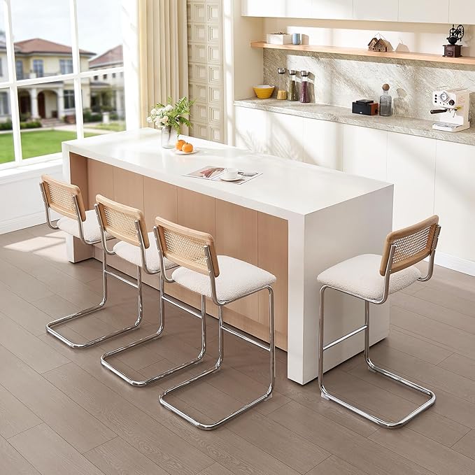 Zesthouse Rattan Bar Stools Set of 4, 30'' Upholstered Boucle Fabric Barstools with Wooden Back & Natural Cane Mesh, Mid Century Modern Bar Height Chairs with Chrome Base for Kitchen, White Barstools