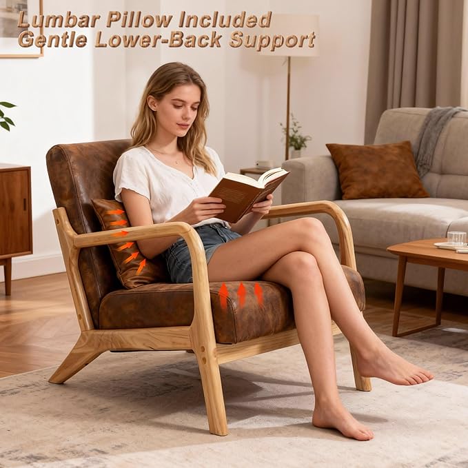Set of 2 Mid Century Modern Lounge Chair with Wooden Frame & Gold-Embossed Upholstery, Vintage-Inspired Accent Chair with Pillow, Modern Living Room Chair for Stylish Home Interiors