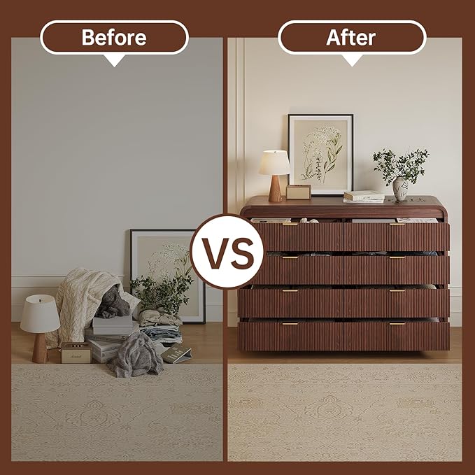 FURSUN Fluted 8 Drawers Dresser for Bedroom, 55" Wide Wooden Dresser with Metal Handle, Curved Profile Design, Modern Storage Organizer for Bedroom, Living Room, Hallway, Dark Walnut