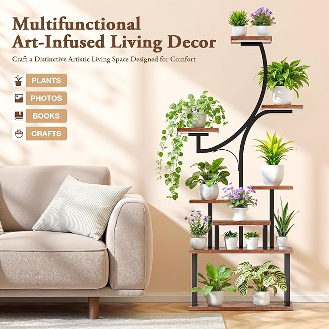 softeen Plant Stand Indoor with 4 Grow Lights & 3 Colors, 8 Tiered Corner Plant Shelf, 63" Tall Plant Stands for Indoor Plants Multiple, Metal Flower Display Shelves Holder for Home(Dark)