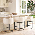 ClinQ 26" H Counter Height Bar Stools Set of 3, Modern Barrel Counter Stools with Backrest and Arms, Black Metal Frames, Linen Fabric Upholstered Accent Barstools for Kitchen Island, Beige