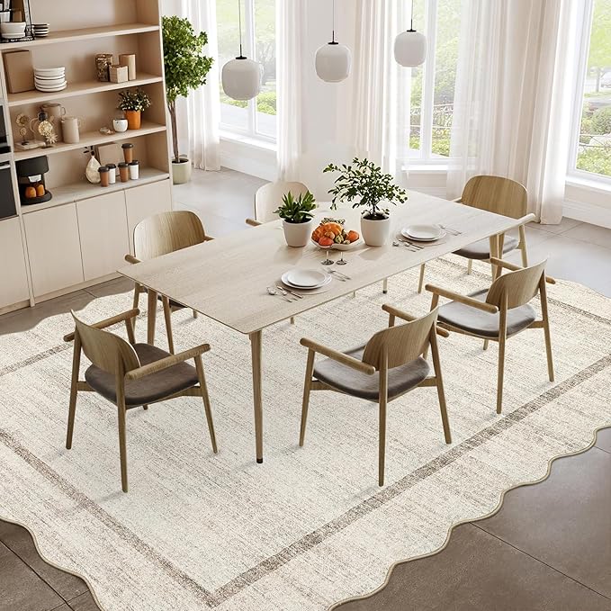 GarveeHome Scalloped Large Living Room Area Rug 6x9 - Machine Washable Modern Rugs Bordered Neutral Rug Non-Shedding Low Pile Farmhouse Carpet for Bedroom Nursery Classroom Dorm 6 ft x9 ft Beige
