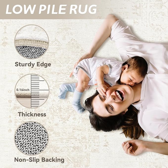 6x9 Area Rugs for Living Room: Washable Vintage Large Retro Rug Soft Non-Slip Indoor Low Pile Carpet for Bedroom Dining Room Nursery Office (Beige, 6' x 9')