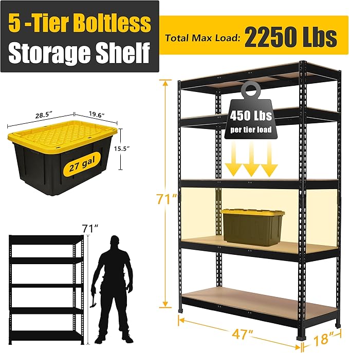 PrimeZone 8 Pack Heavy Duty Storage Shelves - 47"W x 18"D x 71"H 5 Tier Adjustable Garage Storage Shelving, Metal Utility Rack Organizer Shelf Unit for Warehouse Pantry Closet Kitchen Basement, Black