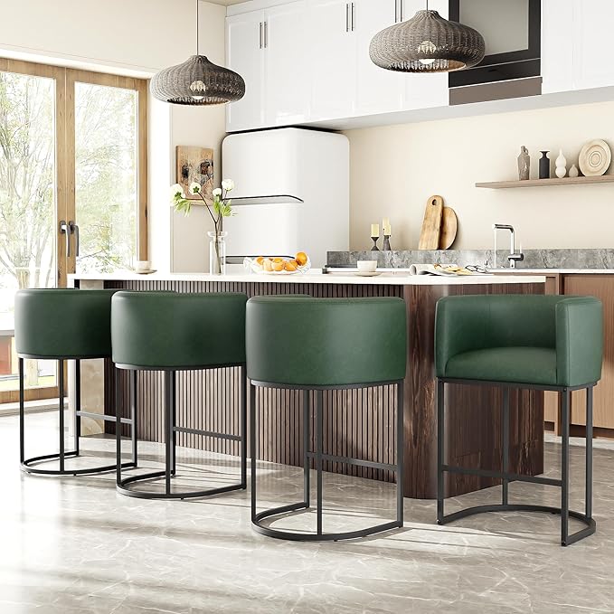 26" H Counter Height Bar Stools Set of 4, Modern Barrel Counter Stools with Backrest and Arms, Faux Leather Upholstered Accent Barstools for Kitchen Island,Support 450 LBS (Green)