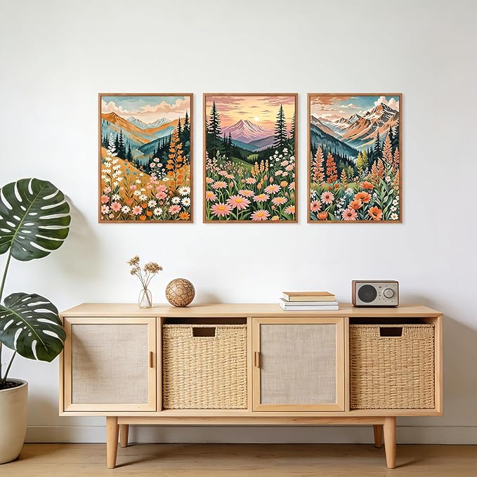 HPINUB Mountain Sunset Floral Framed Canvas Wall Art Set,(Set of 3,12X16 Inch) Colorful Wildflower Daisy Flower Wall Decor,Blossom Botanical Artwork Modern Nature Landscape Art Print for Living Room
