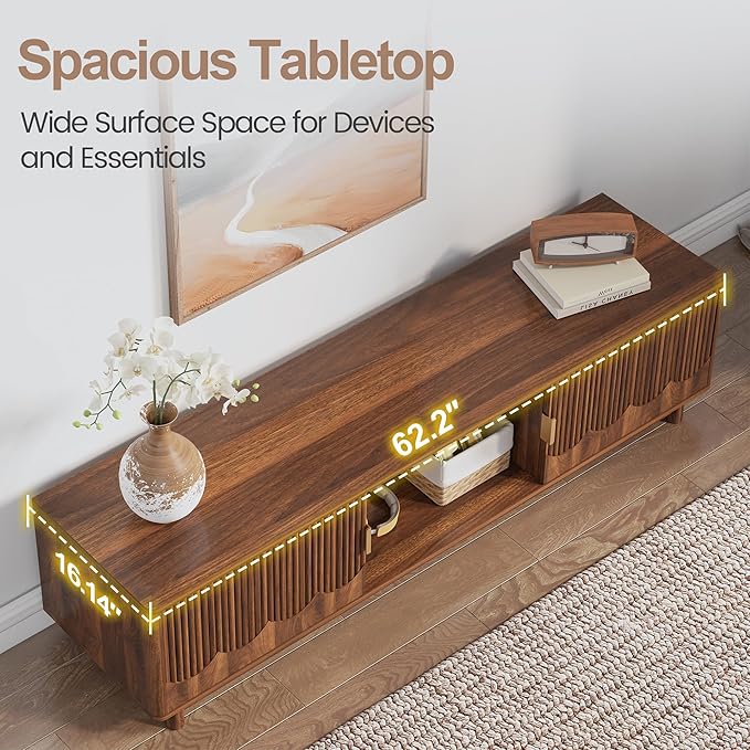 FurSch 62.2” Fluted TV Stand Low Profile, Mid Century Modern TV Stand with Storage for Bedroom Living Room, Curved Media Console for 50 55 60 65 70 Inch TVs (Walnut)