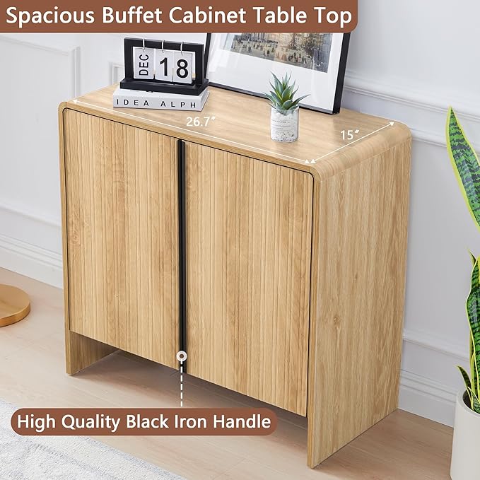 Bifins 31.5” Fluted Sideboard Buffet Cabinet with Storage,Mid Century Modern Small Wood Storage Cabinet with Arched Profile for Dining Room Kitchen Living Room (Oak 1pc)
