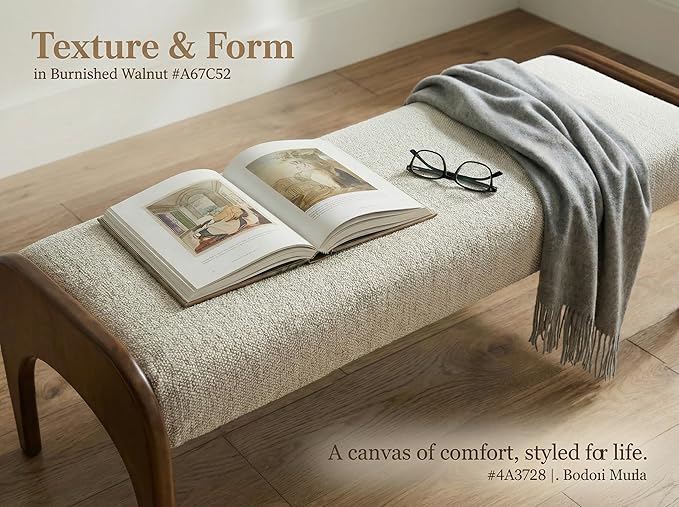LukeAlon 51-Inch Extra Long Upholstered Bench with Cute Solid Walnut Rubber Wood Legs, Minimalist Bed End Bench for Bedroom, Living Room, Dining Table, Entryway Hallway Seat, Fur Fabric in Beige