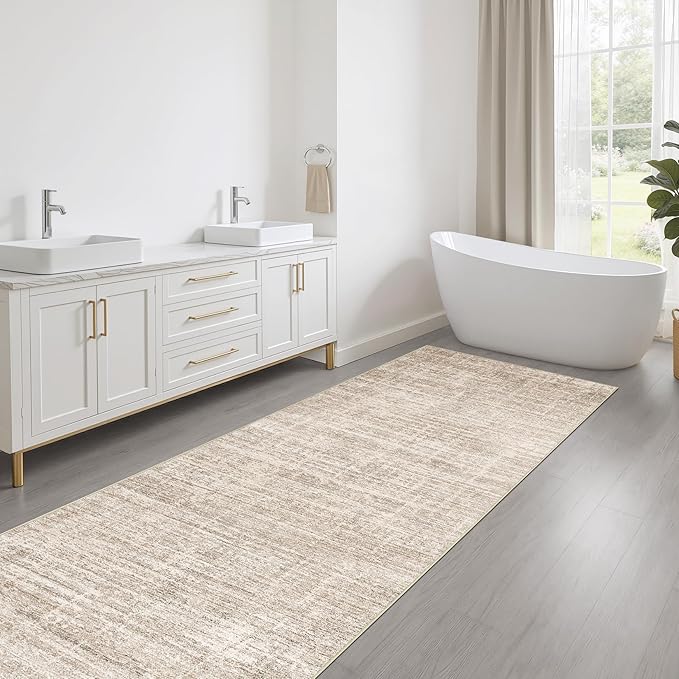 Runner Rug Non-Slip Kitchen Rug: 3x8 Washable Abstract Modern Soft Stain Resistant Indoor Floor Neutral Accent Throw Carpet for Hallway Bathroom Laundry Room Bedroom Entryway- Beige