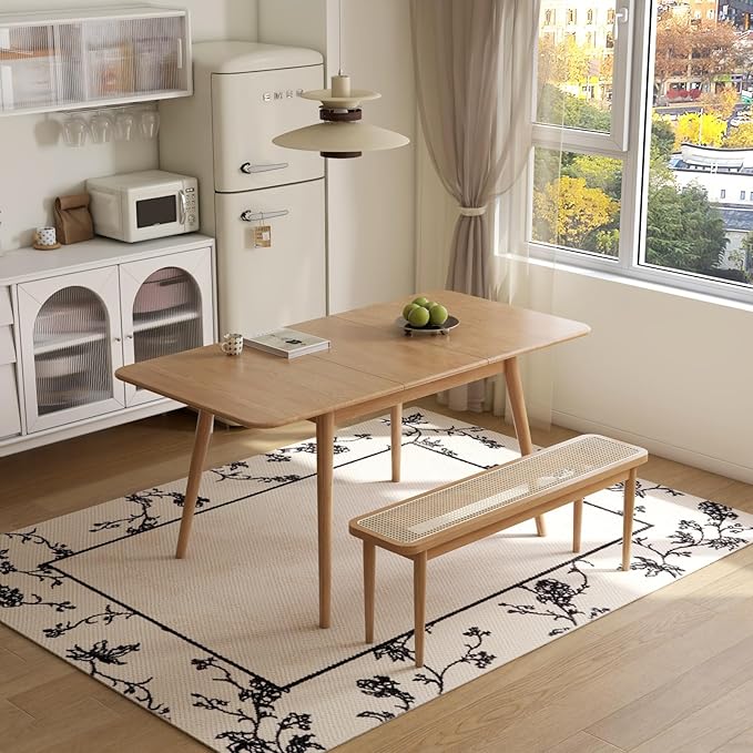 47’’-63’’ 100% Oak Extendable Dining Table and Bench Set for 2, Solid Wood Folding Kitchen Table, Mid Century Modern Dinner Table for Kitchen, Living Room, Natural (47''-63''+47''Rattan Bench)