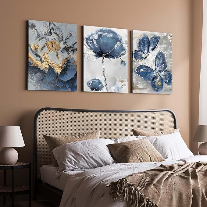3 Piece Wall Art Framed Canvas Wall Art Blue and Gold Butterfly and Flower Pictures Wall Decor for Living Room Bedroom Bathroom Office – Ready to Hang with Hooks and Nails, 12x16 Inch