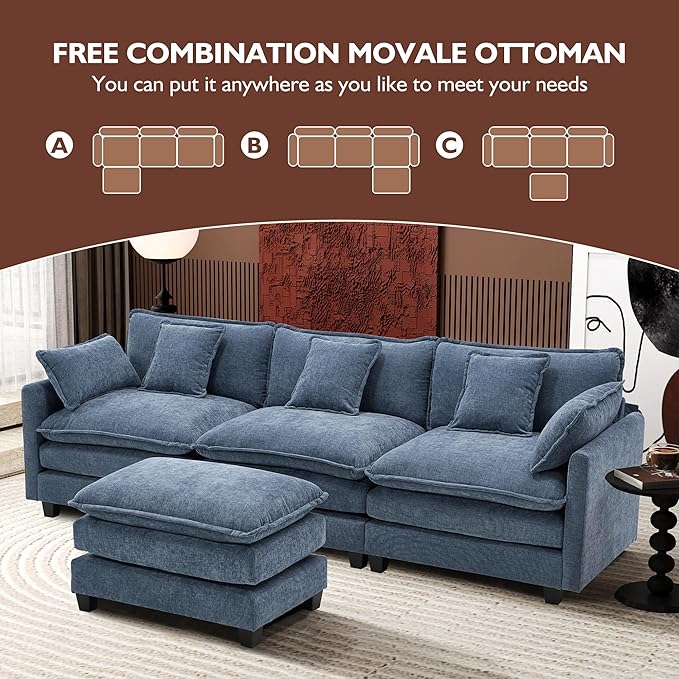 Ihanherry 111.4" L Shaped Cloud Sofa with Ottoman Modular Sectional Modern Couch, 4-Seat Chenille Deep Seat Sofa with Pillow for Living Room, Bedroom and Apartment, Blue