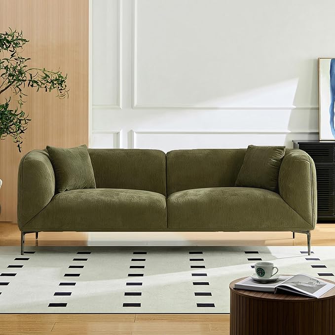 82.7" Modern Couch Upholstered Boucle Sofa with Metal Legs, 3 Seater Minimalist Curved Sofas, Cozy Luxury Deep Seat Memory Foam Couches for Living Room Bedroom Home Office Apartment, Green