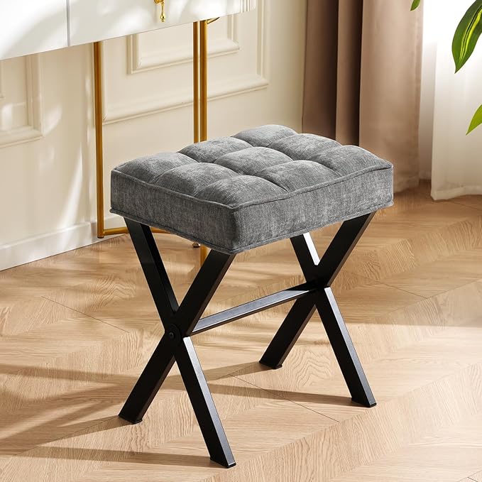 Modern Square Foot Stool Ottoman, Upholstered Vanity Chair with Metal X-Legs & Soft Linen Fabric - Versatile Seat and Footrest for Makeup, Living Room, Bedroom & Entryway(X-Gray)